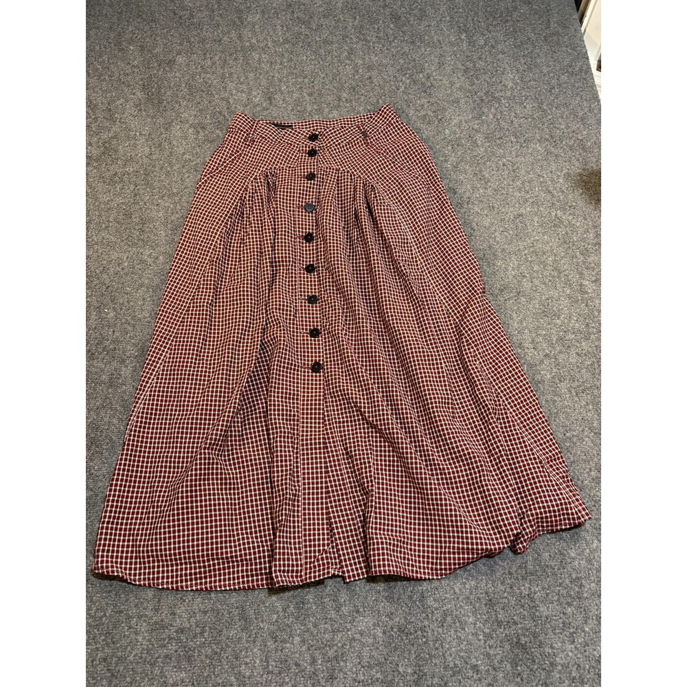 HIGH Skirt Womens 10 Red Check Plaid Wool A-Line Midi Button Front Made Italy